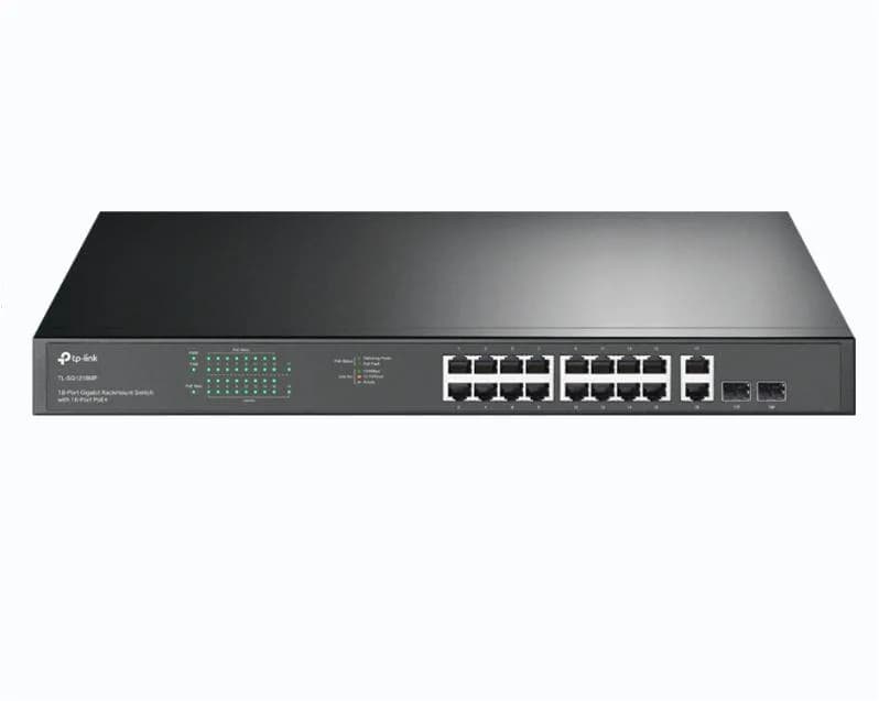 "18-Port Gigabit Rackmount Switch with 16-Port PoE+ PORT: 16× Gigabit PoE+ Ports, 2× Gigabit Non-PoE Ports, 2× Combo Gigabit SFP Slots SPEC: 802.3at/af, 250 W PoE Power, 1U 19-inch Rack-mountable Steel Case FEATURE: Plug and Play"