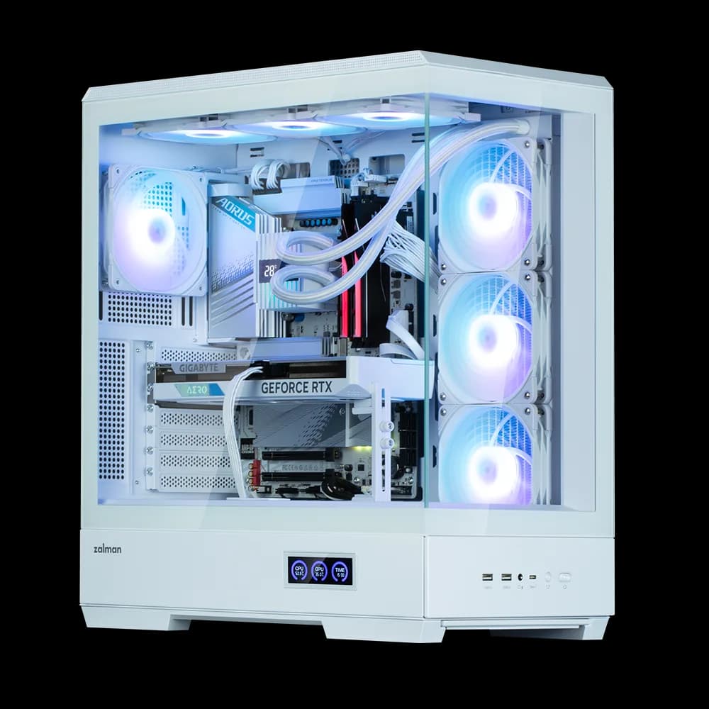 CARCASA Zalman "P50 DS", middle tower, gaming, fara sursa, suporta 10xfan, 4xfan inclus, PSU shroud, afisaj electronic, USB Type-C x 1, USB 3.1 gen1 x 2, audio+mic, 7 sloturi expansiune, alb, "P50 DS White" — miniatură
