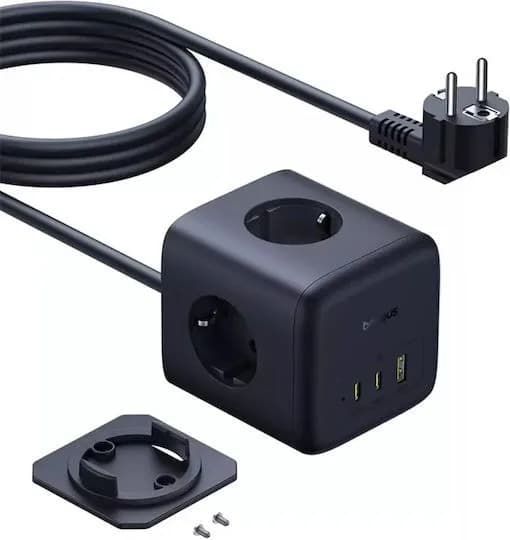 INCARCATOR RETEA Baseus EnerFill FA11 Cube Powerstrip, QC 67W, 3 x AC, 1xUSB Type-C, 1 x USB, lungime cablu 1.5m, negru "E00082100123-00" - 6932172687526 — miniatură