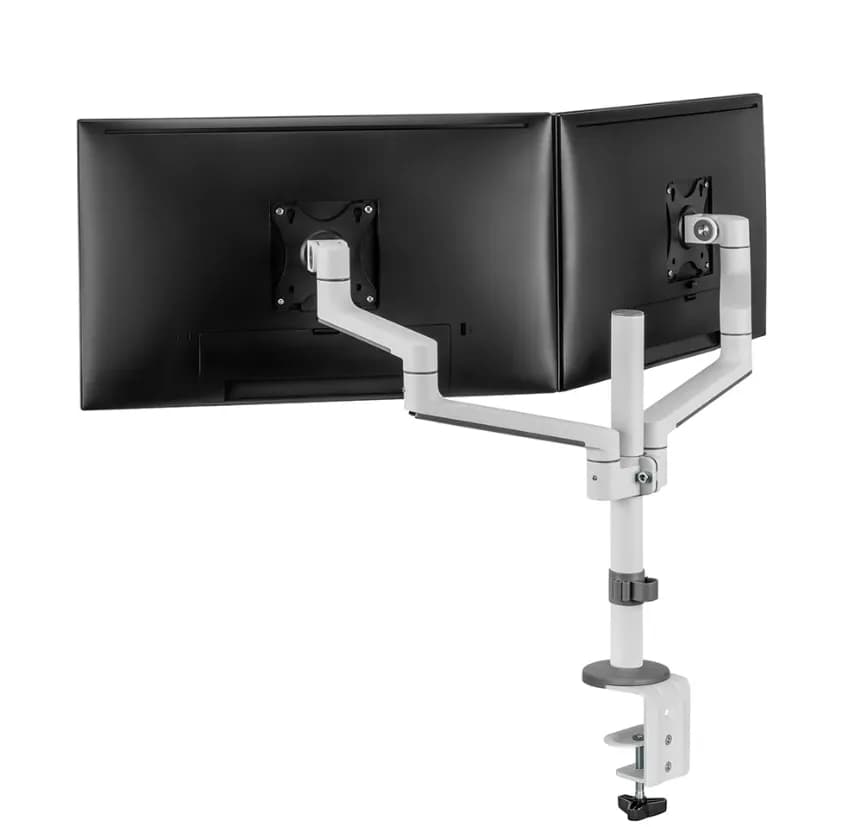 Brat dublu monitor Neomounts DS60-425WH2; pentru display-uri cu diagonale 17"-27", sistem de prindere VESA 75x75~100x100, greutate maxima suportata 8 - per ecrankg, tilt +90°, -30°, swivel +90°, -90°, rotate +360°, distanta fata de perete 128-460mm; inaltime reglabila manual 295-607mm; culoare alb — miniatură