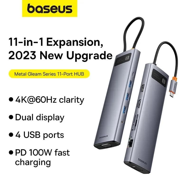 DOCKING Station Baseus Metal Gleam Series 11-in-1, conectare PC USB-C,Type-C to HDMI4K@60Hzx1+VGAx1,USB3.0x3,USB2.0x1+PDx1,RJ45x1,SD/TFx1,jack 3.5x1, gri "B00030709811-00" - 6932172636562 — miniatură