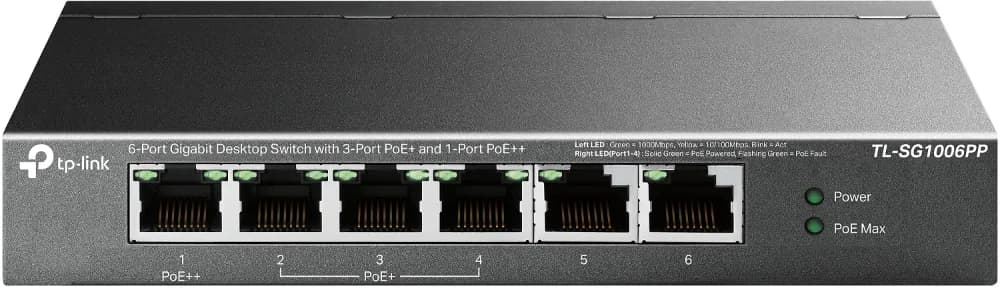 "6-Port Gigabit Desktop Switch with 3-Port PoE+ and 1-Port PoE++ PORT: 1× Gigabit PoE++ Port, 3× Gigabit PoE+ Ports, 2x Gigabit Non-PoE Ports SPEC: 802.3af/at/bt type3, 64 W PoE Power, Desktop Steel Case FEATURE: Extend Mode for 250m PoE Transmitting for Port1-2, PoE Auto Recovery for Port1-4, Plug