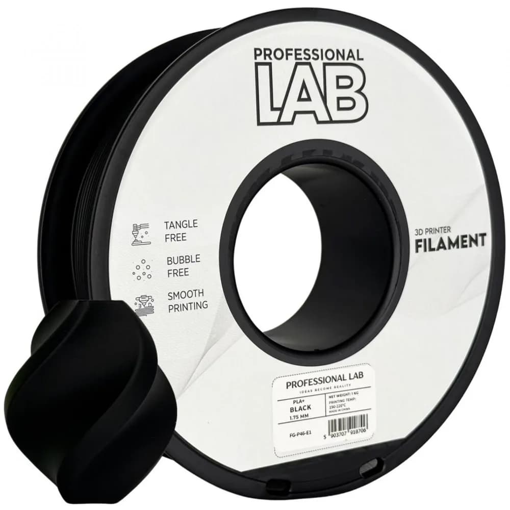 PROF. LAB 3D FILAMENT 1KG PLA+ BLACK, Diametru: 1.75mm, Greutate: 1kg, Temperatura duza: 200C – 220C, temperatura platforma printare: 50C – 60C, culoare: Negru, PLA+ este o versiune revizuita a PLA standard, mai durabil, mai putin casant, rezistenta mai mare la crapaturi pastrand capacitatea de