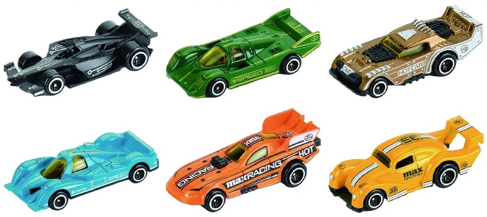 MACHETA DIE CAST, SET 6 MASINI CURSE, SCARA 1/64, 7.5CM, DIVERSE MODELE SI CULORI- VERDE, ALB, ROSU, BLEU, NEGRU, MOV, PORTOCALIU, GRI, ALBASTRU, MARO, GALBEN — miniatură
