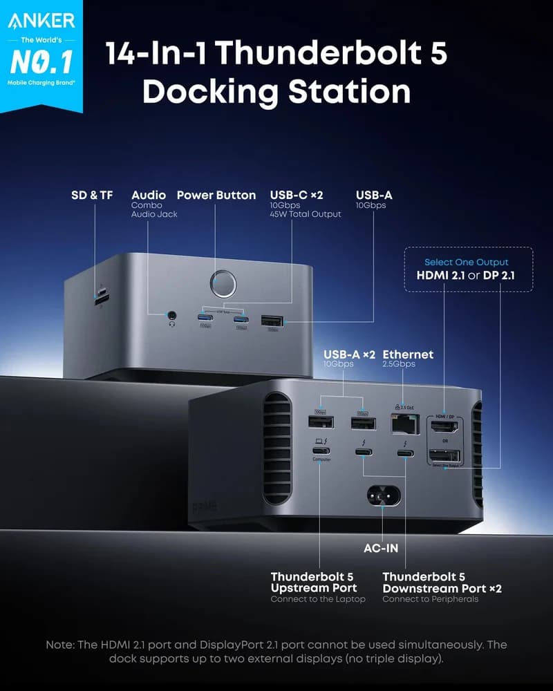 DOCKING Station Anker 14-in-1, porturi: 1xThunderbolt 5 up 140W, 2xThunderbolt 5 downs 15W, 3xUSB-A 10Gbps, 2xUSB-C max 45W, 1xHDMI, 1xDisplay port, 1xRJ-45 2.5Gbps, 1xSD/TF, conect USB-C, gri "A83B53A1" ( - 0194644291839 — miniatură