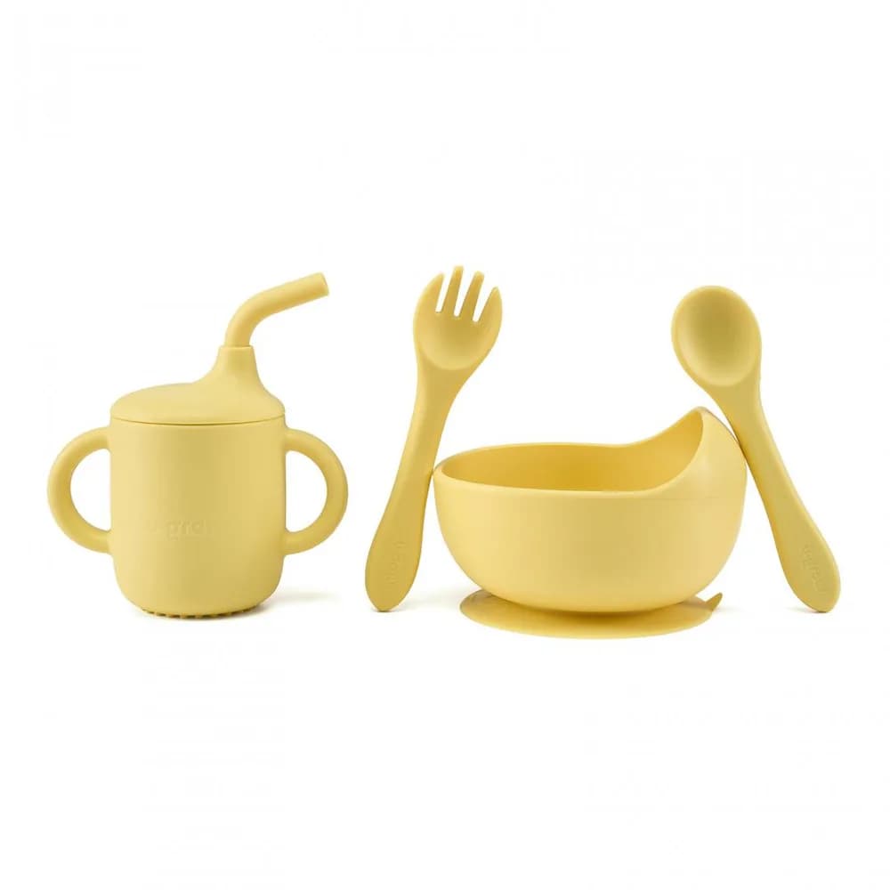 Set 4 piese diversificare din silicon: Cana cu pai, bol, lingurita si furculita, galben, U-Grow — miniatură