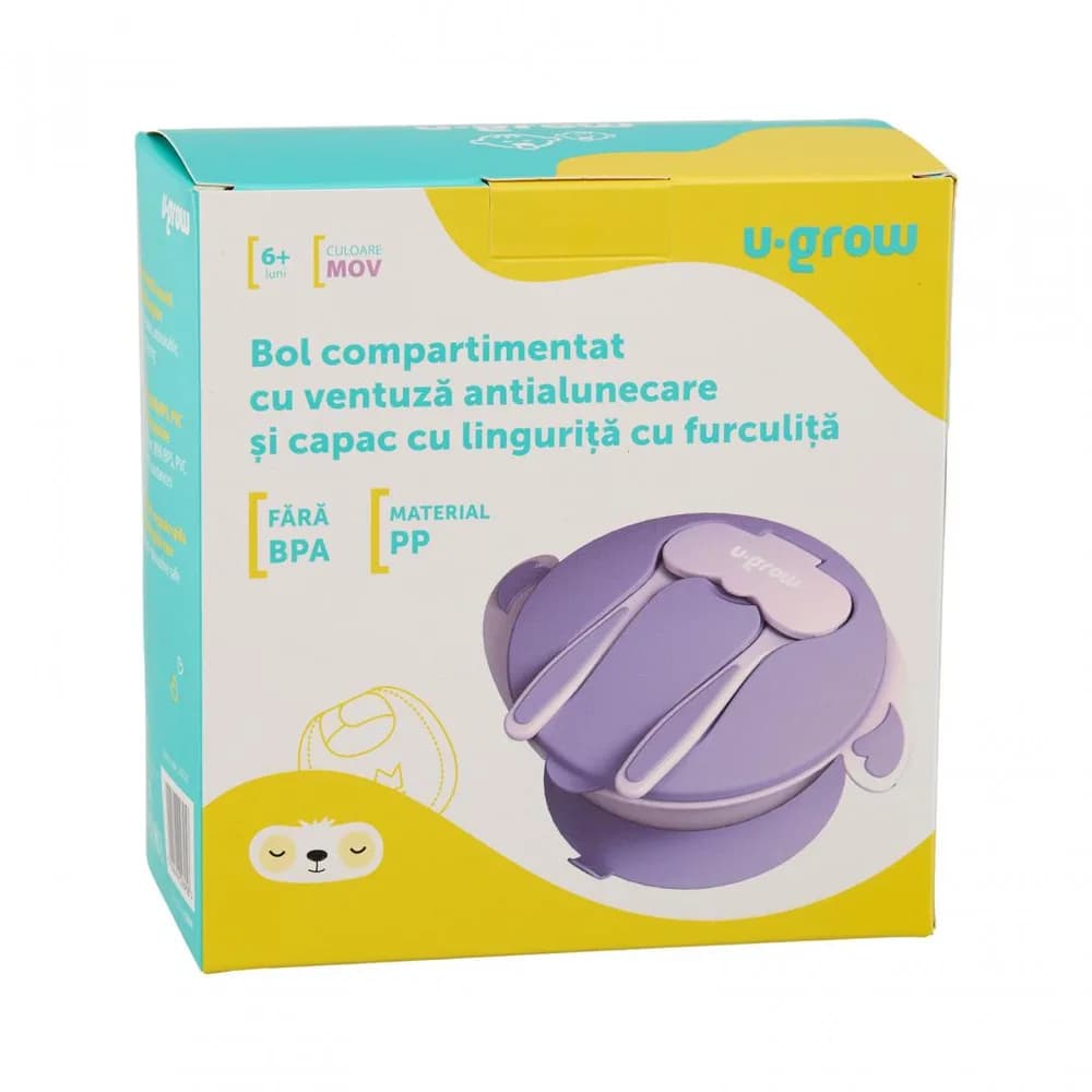 Bol compartimentat cu ventuza antialunecare si capac cu lingurita si furculita, mov, U-Grow — miniatură