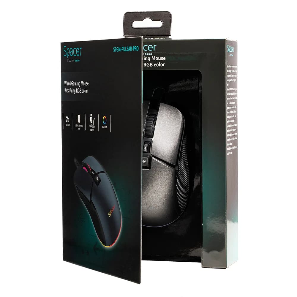 MOUSE Spacer - gaming, gaming, cu fir, USB, optic, rezolutie selectabila max. 8.000 dpi, butoane/scroll 7/1, iluminare RGB, negru, "SPGM-PULSAR-PRO" — miniatură