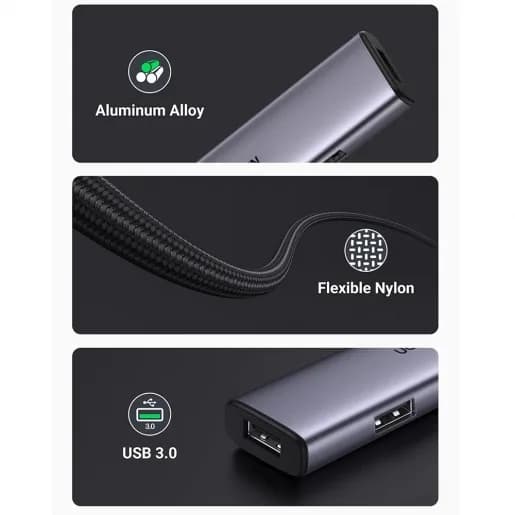 HUB extern Ugreen, "CM473" porturi USB: USB 3.0 x 4, conectare prin USB Type-C, aluminiu, lungime 20 cm, gri, "20841" - 6957303828418 — miniatură