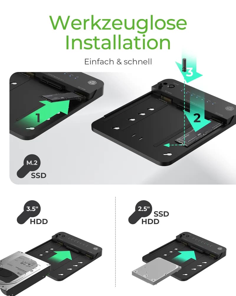 DOCKING STATION Icy Box, pentru clonat de la HDD/SSD 2.5" si 3.5" SATA, la M.2 PCIe NVMe SSD, bidirectional, LED, USB 3.2 Gen2 Type-C, negru, "IB-2915MSCL-C31" 9 — miniatură