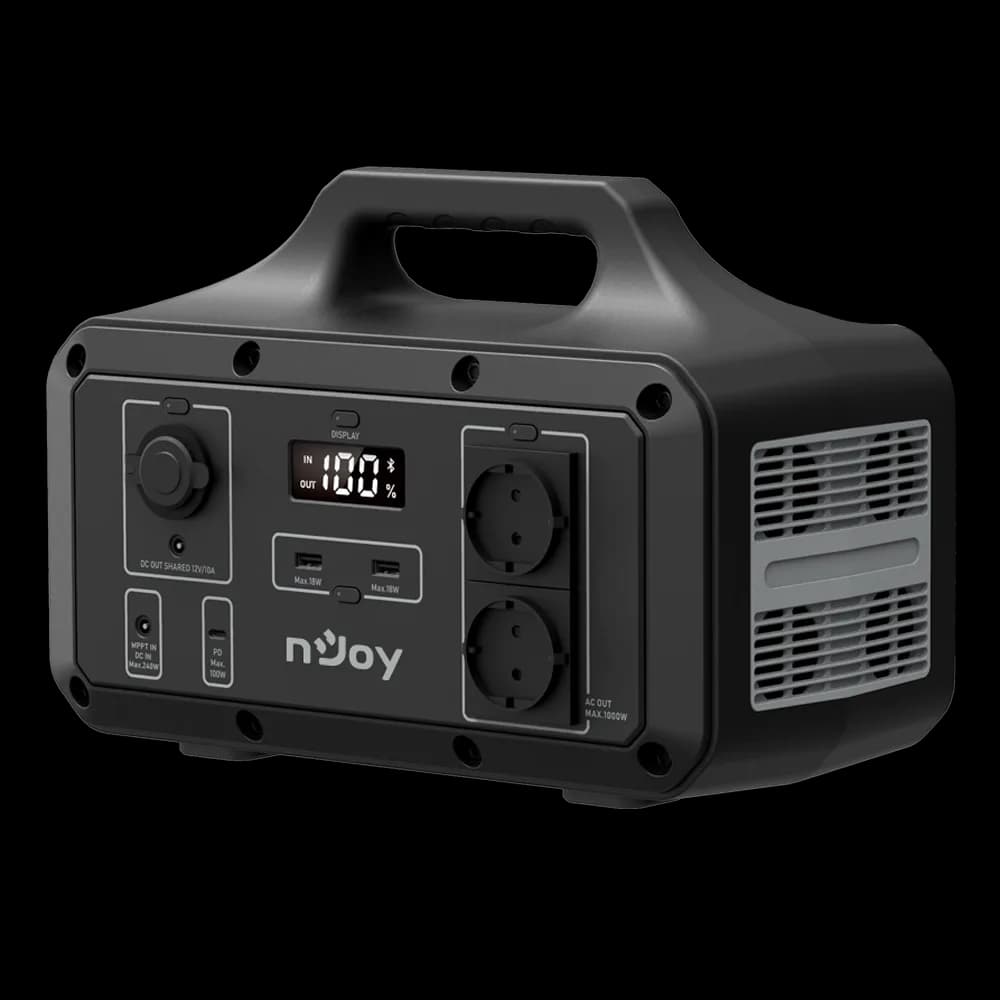 Statie portabila pentru exterior NJOY POWER BASE 600, adaptor AC (240 W max), panou solar MPPT 12V-32V (240 W max), adaptor auto DC 12V Car (120 W max), 2x USB TYPE A (18 W max), 1x USB TYPE C (100 W max), DC 5525 12V (120 W max), Priza auto 12V (120 W max), 2x AC Schuko 230V (600W max), 1000+