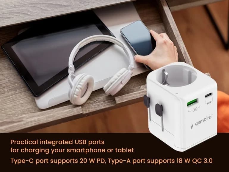 ADAPTOR GEMBIRD, universal, EU la conectori: US/UK/CN/AU, cu impamantare, 1x Schuko, 1x USB Type-C PD 20W, 1x USB-A QC 18W, siguranta 10A, max. 2500W, alb, "TPA-EU1A1C20-01-W" — miniatură