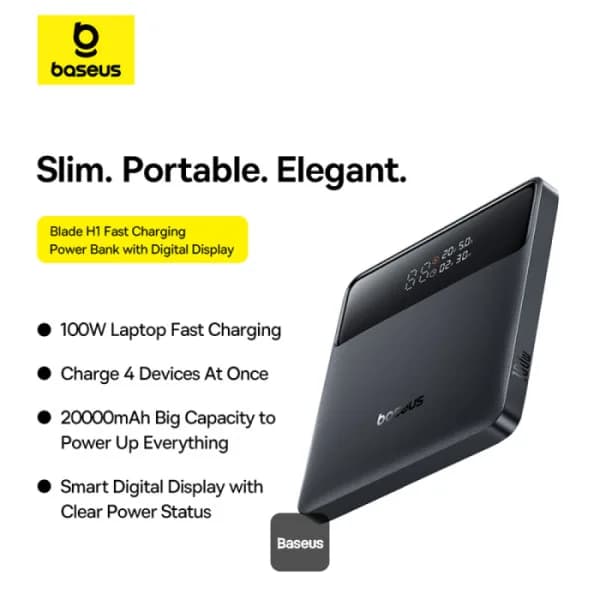 POWER BANK Baseus Blade H1, 20000mAh, PD 100W, ultra thin, 2 x USB; 2 x USB Type-C, display digital pt. status baterie, total 5A, include cablu USB Type-C la USB Type-C, negru, "P10021604123-00" - 6932172682446 — miniatură