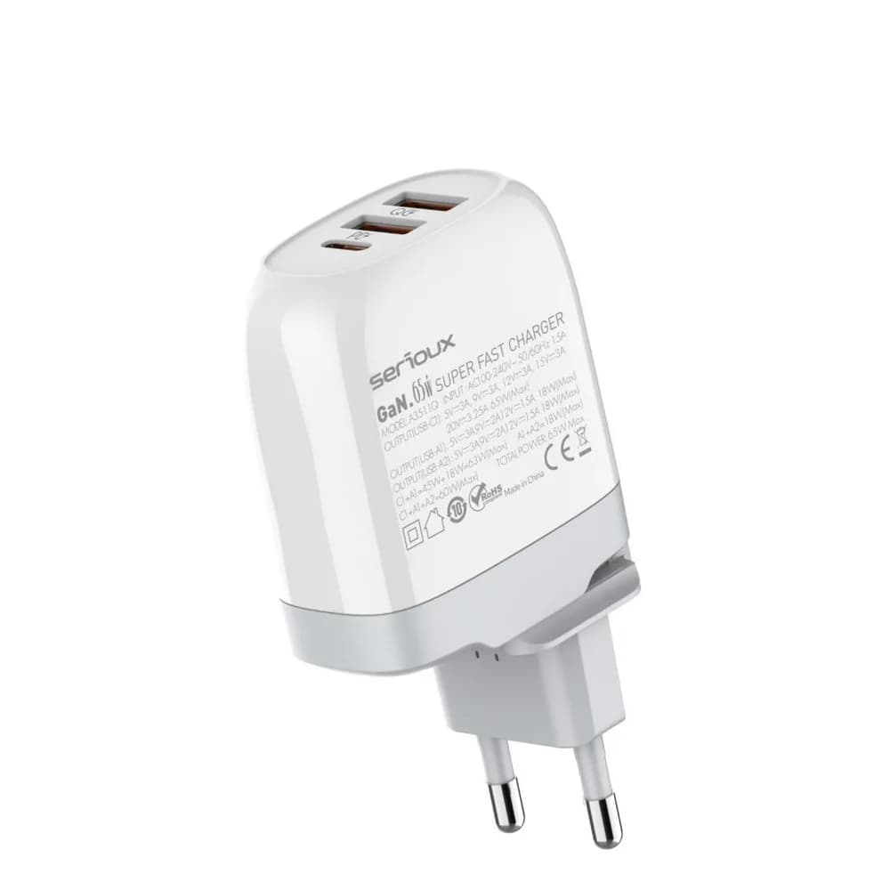 Incarcator retea Serioux 65W GAN QC, Intrare: AC100-240V~ 50/60Hz 1.5A, Ieșire (USB-C1): 5V-3A 9V-3A 12V-3A 15V-3A 20V=3.25A 65W(Max), Ieșire (USB-A1): 5V-3A 9V-2A 12V=1.5A 18W(Max), Ieșire (USB-A2): 5V-3A 9V-2A 12V 1.5A 18W(Max), A1+A2=18W(Max), C1+A1=45W+18W=63W(Max), C1+A1+A2= 60W(Max), Total