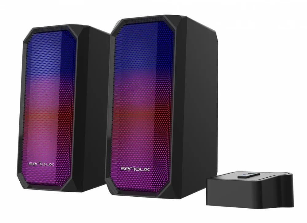 Boxe gaming 2.0 Serioux Kyro RGB, Functie Dual Mode Bluetooth, putere: 3W x 2, impedanță: 4Ω, frecvență: 150Hz - 20KHz, sensibilitate : 650mv± 50mv, alimentare: DC5V / 1A, S / N: ≥75dB, dimensiunea driverului: 2,5 inch x 2, conexiune: 3.5mm jack TRS, RGB : 6 moduri de lumină, cablu USB & audio: 1.2m