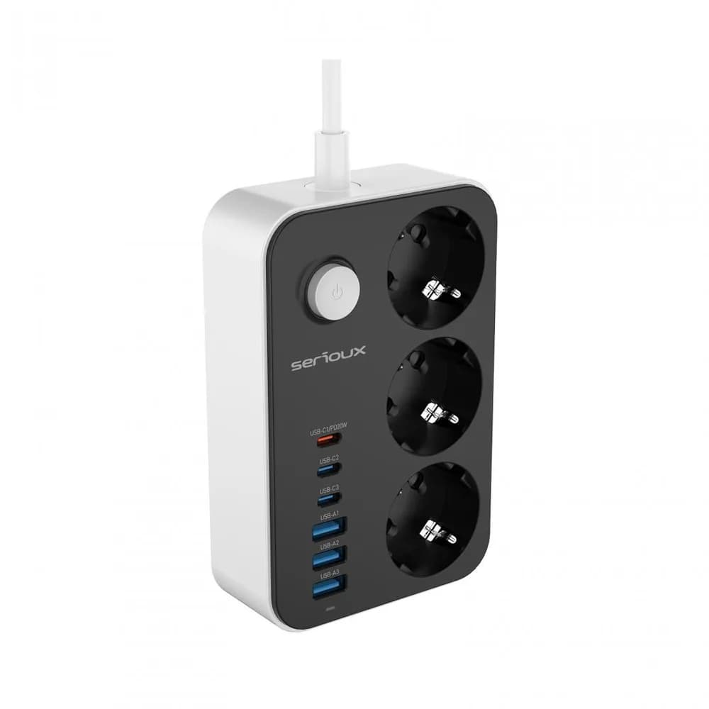 Prelungitor cu protectie Serioux SRXP-PS36B, 3 prize schuko Tensiune intrare: 100-240V, 50-60Hz Tensiune ieşire (total): 2500W – 10A 6 porturi USB (auto max): 15.5W USB-C2/C3/A1/A2/A3 - 12W USB-C1-20W Amperaj port USB (max): 3.4A Funcţie auto ID — miniatură