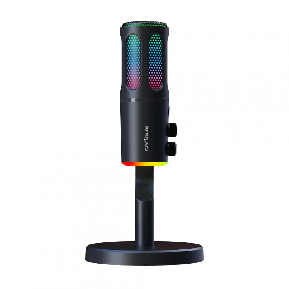 Microfon Gaming de birou Serioux SU8, condenser, unidirectional, frecventa raspuns 20-20KHz, sensibilitate maxima -11DBFS la 80 dB SPL, rata de esantionare 48KHz, rata de biti 16/24bit, raport semnal zgomot 75dB, interfata 3.5mm si USB-C, putere intrare 5V, 200mA, greutate 325g, iluminare RGB — miniatură