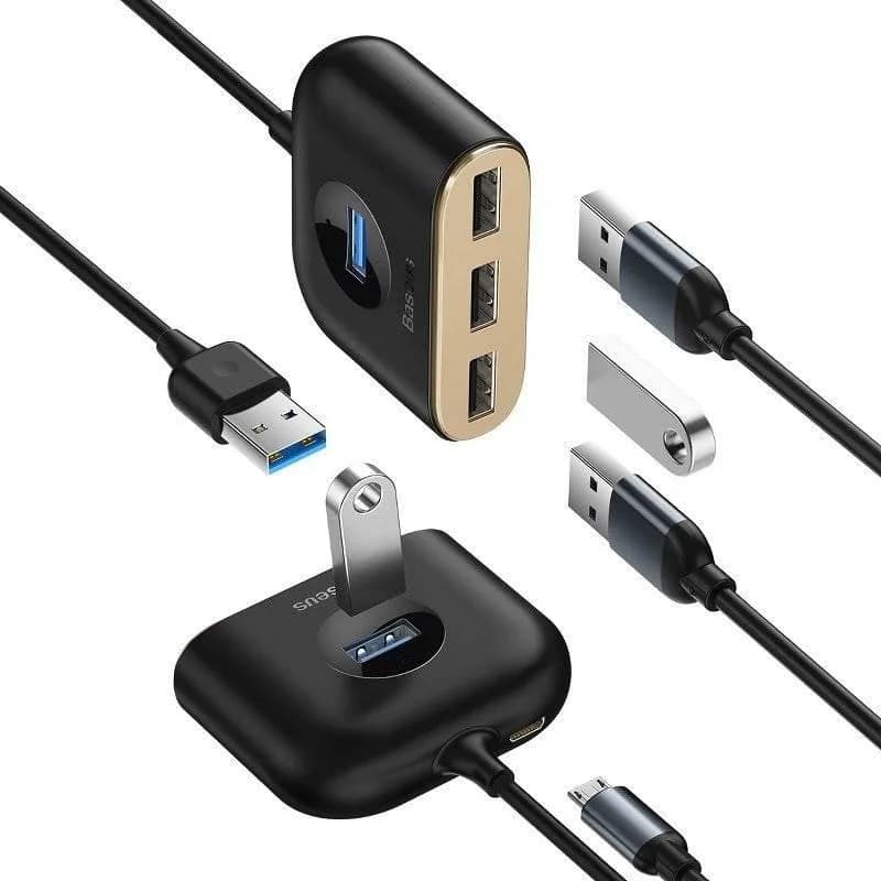Hub USB BASEUS Square round 4-in-1, USB-C, 4 porturi, Negru — miniatură