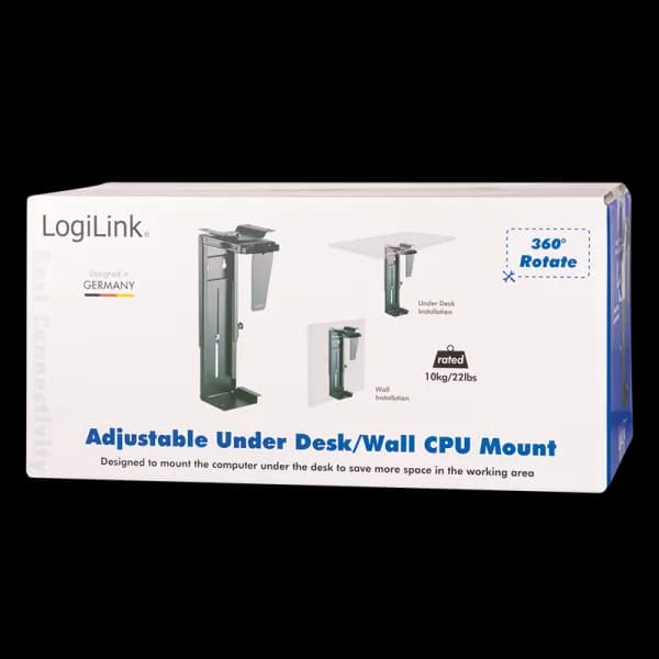 SUPORT de birou LOGILINK pt. unitate centrala, suporta dimensiuni: inaltime 300-533 mm/ latime 88-203 mm, rotatie -180/+180 grade pt. acces la cabluri/porturi, pana la 10Kg, se monteaza sub birou/pe perete, negru, "EO0005" — miniatură