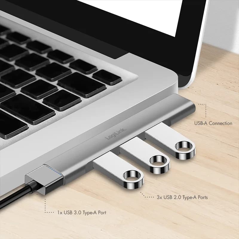 HUB extern LOGILINK, porturi USB: USB-A 3.0 x 1 + USB-A 2.0 x 3, conectare prin USB-A, aluminiu, gri, "UA0436" — miniatură