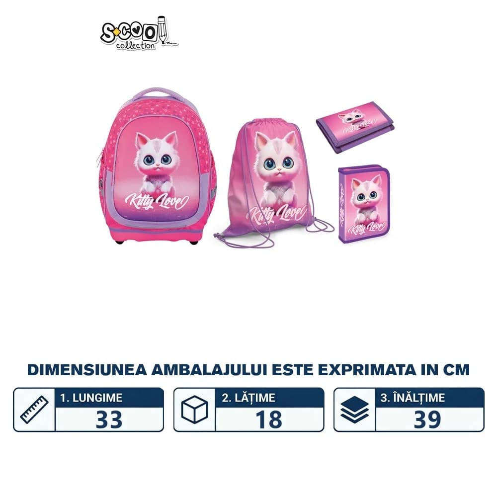 Set Micul Scolar: Ghiozdan, Penar echipat, Sac Sport, Portofel, Kitty Love - S-COOL — miniatură