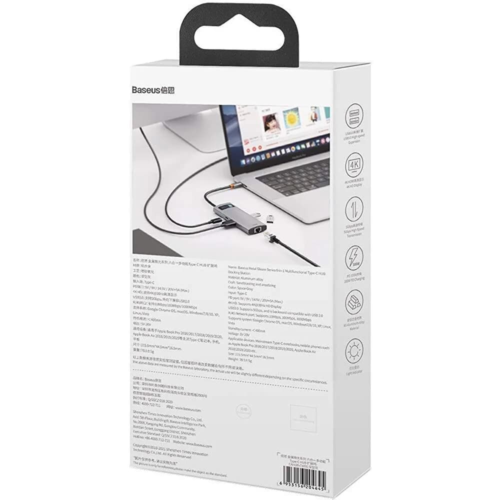 DOCKING Station Baseus Metal Gleam,conec PC USB-C, USB 3.0x3, RJ-45 Gigabit LANx1, USB-Cx1 PD 100W 5V/9V/14.5V/20V 5A (Max.), HDMIx1/4K/30Hz,gri "CAHUB-CW0G" - 6953156204645 — miniatură
