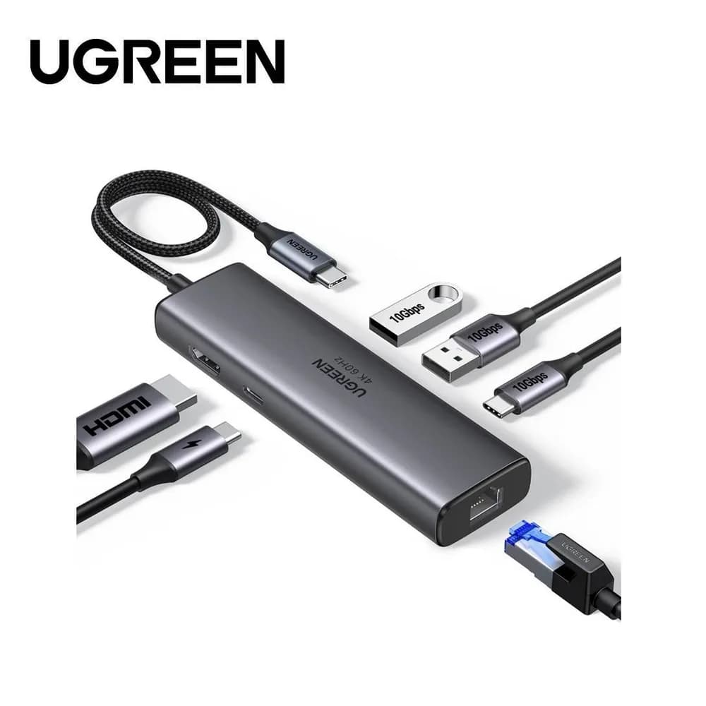 DOCKING Station Ugreen, "CM512" conec PC USB Type-C, USB 3.2 x 2| RJ-45 x 1|HDMI 4Kx1 la 60Hz|USB-C x 1 PD 100W, aluminiu, gri "45000" - 6941876240005