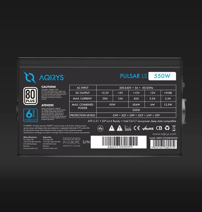Sursa Aqirys Pulsar LS, 80 PLUS White, 550W — miniatură