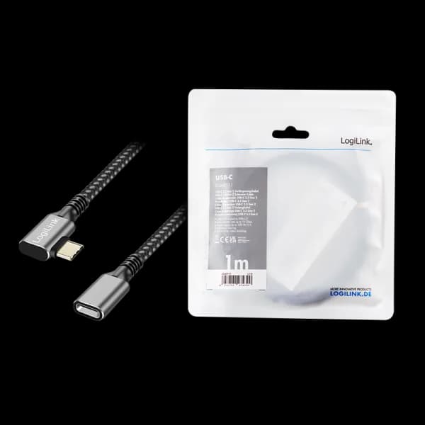 CABLU alimentare si date LOGILINK, pt. smartphone, USB 3.2, USB Gen Type-C (T) la USB Type-C (M) la 90 grade, 1m, PD 100W, 2 x ecranat, aluminiu, braiding, negru&gri, "CUA0111" — miniatură