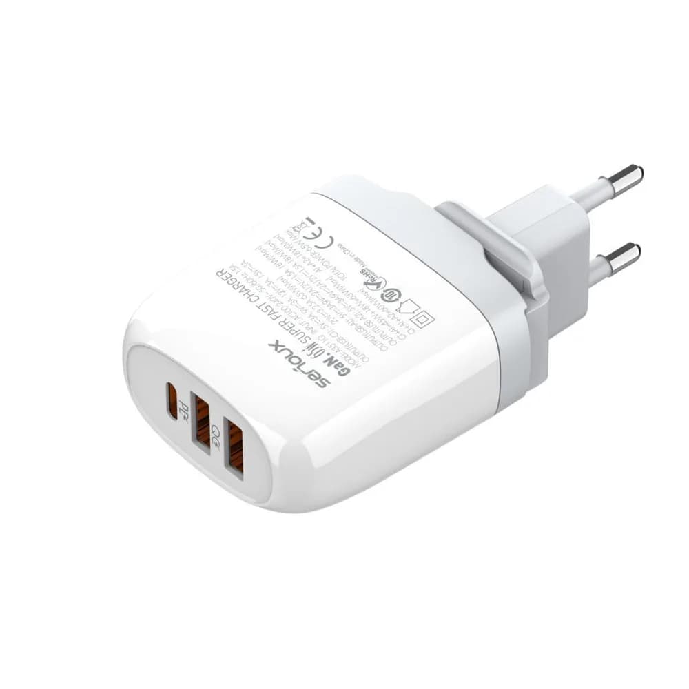 Incarcator retea Serioux 65W GAN QC, Intrare: AC100-240V~ 50/60Hz 1.5A, Ieșire (USB-C1): 5V-3A 9V-3A 12V-3A 15V-3A 20V=3.25A 65W(Max), Ieșire (USB-A1): 5V-3A 9V-2A 12V=1.5A 18W(Max), Ieșire (USB-A2): 5V-3A 9V-2A 12V 1.5A 18W(Max), A1+A2=18W(Max), C1+A1=45W+18W=63W(Max), C1+A1+A2= 60W(Max), Total — miniatură