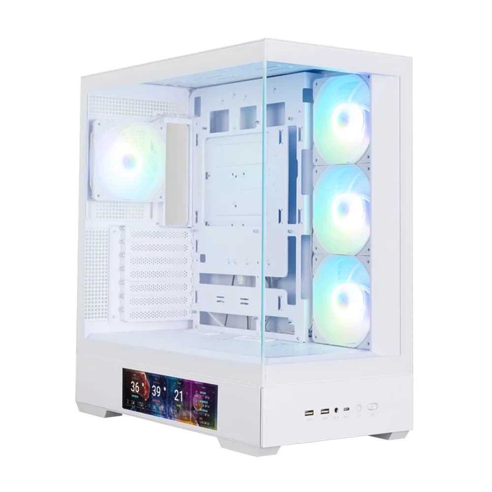 CARCASA Zalman "P40 DS", middle tower, gaming, fara sursa, suporta 10xfan, 4xfan inclus, PSU shroud, display 9.1inch, MB BTF, USB Type-C x 1, USB 3.1 gen1 x 2, audio+mic, alb, "P40 DS White"