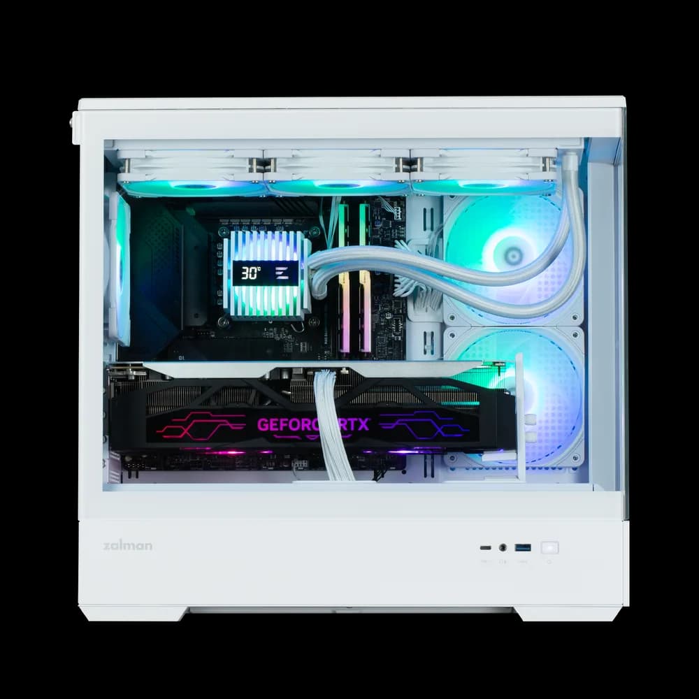 CARCASA Zalman "P30 v2", mini tower, gaming, fara sursa, suporta 9xfan, 3xfan inclus, PSU shroud, USB Type-C x 1, USB 3.1 gen1 x 1, audio+mic, 5 sloturi expansiune, alb, "P30 White V2" — miniatură