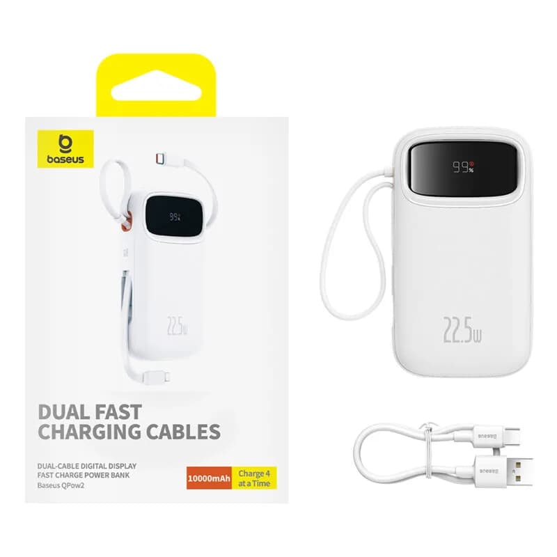 POWER BANK Baseus Qpow2 Dual-Cable, 10000mAh, PD 3.0 + QC 3.0 22.5W, 1 x USB; 1 x Iphone Lightning; 2 x USB Type-C, digital display pt. status baterie, total 2.4A, alb, "P10055003223-00" - 6932172636289 — miniatură