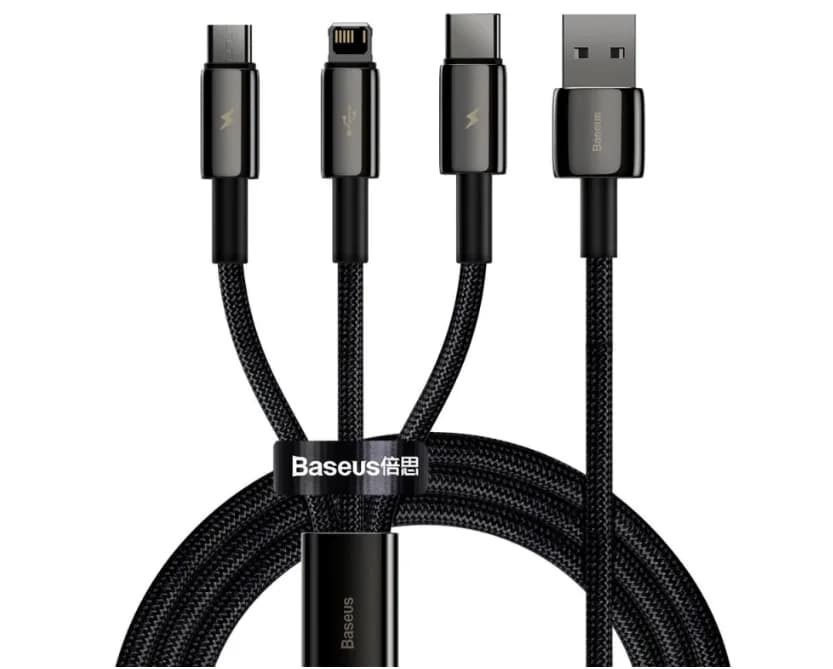 CABLU alimentare si date Baseus Tungsten Gold One-for-three, Fast Charging Data Cable pt.smartphone,USB la Micro-USB+Lightning+USB Type-C 3.5A,braided,1.5 m,negru "CAMLTWJ-01" - 6953156204973