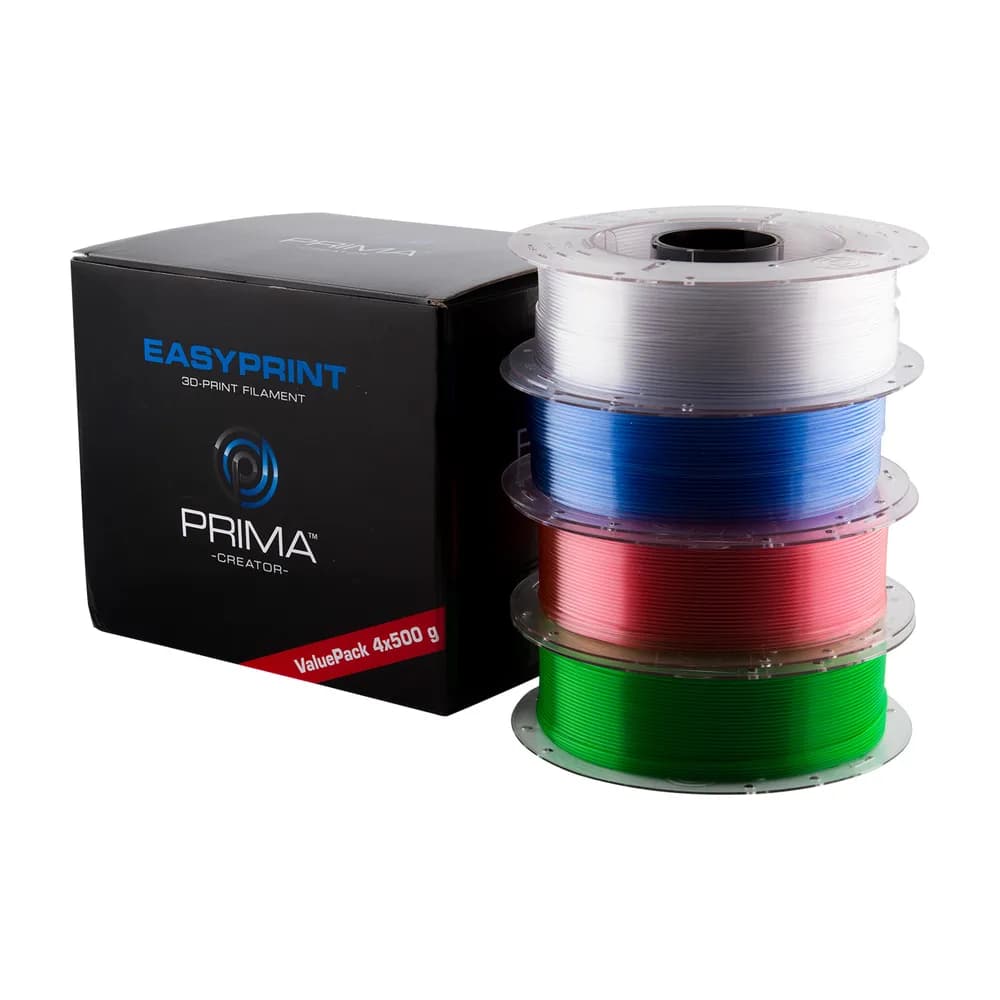 Filament PrimaCreator EasyPrint PETG Value Pack – 1,75 mm – 4x 500 g (Total 2 kg) – Clear, Rose, Light Blue, Green