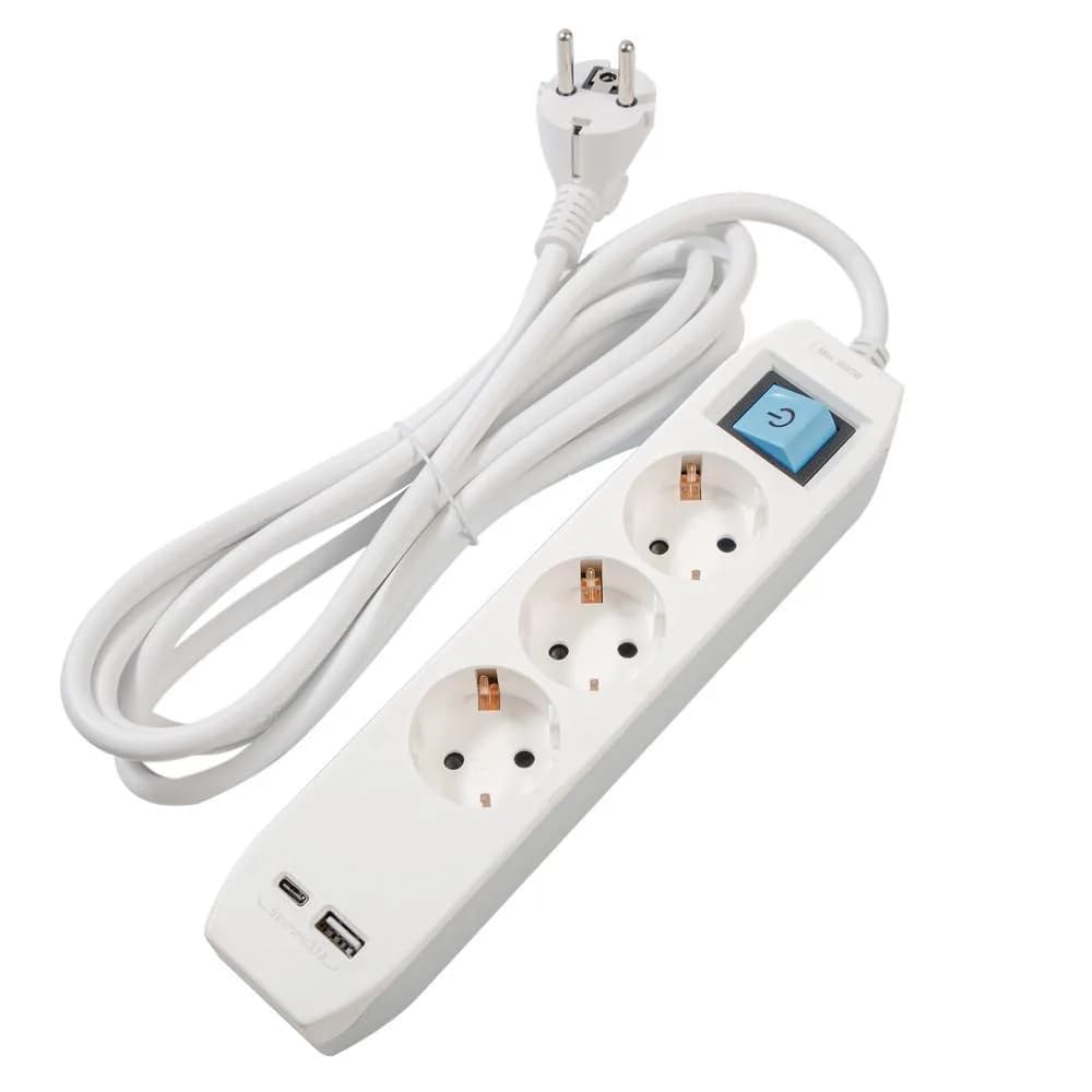 PRELUNGITOR SPACER, Schuko x 3, conectare prin Schuko (T),Type-C x1, USB x 1, 3.1A, cablu 3m, 16 A, max. 3500W, protectie copii, protectie supratensiune, Gri-Alb — miniatură