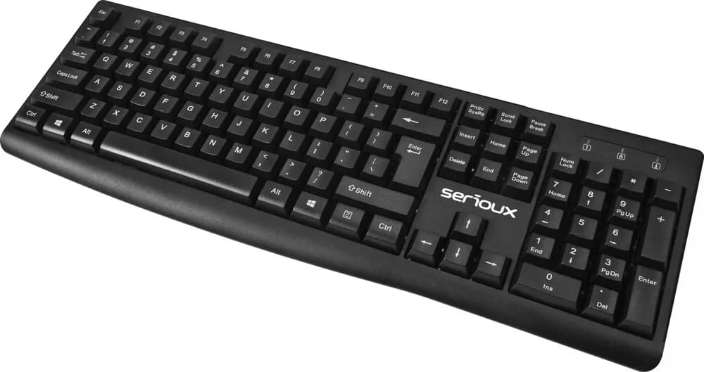 Kit Serioux cu fir, Tastatura: interfata USB, 104 taste, material ABS, US layout, lungime cablu 1.5m PVC, dimensiuni 440*159*25mm, negru, Mouse: interfata USB, 4 butoane, polling rate 125 Hz, rezolutie DPI 1000, lungime cablu 1.5m PVC, dimensiuni 109*61*37mm, negru — miniatură