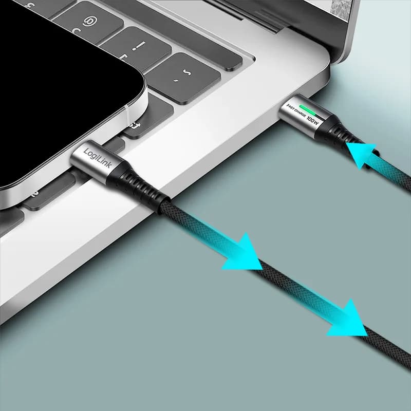 CABLU alimentare si date LOGILINK, pt. smartphone, USB 3.2, USB Gen Type-C (T) la USB Type-C (T), 1m, PD 100W, 4K, LED, 3 x ecranat, 20Gbps, metal, negru&gri, "CU0432" — miniatură