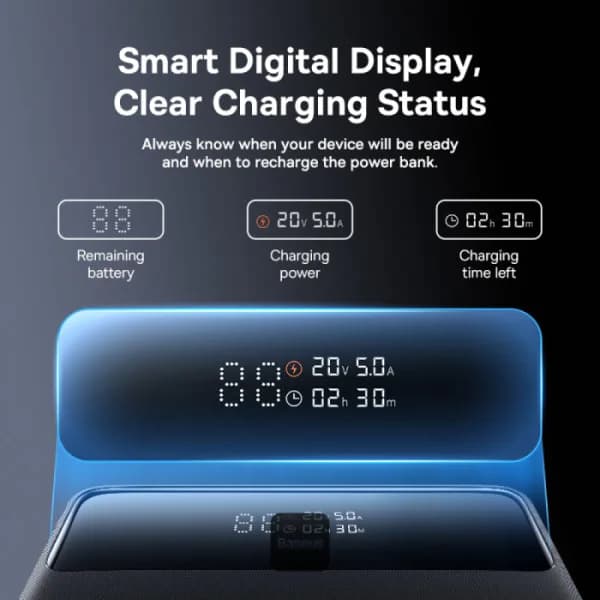 POWER BANK Baseus Blade H1, 20000mAh, PD 100W, ultra thin, 2 x USB; 2 x USB Type-C, display digital pt. status baterie, total 5A, include cablu USB Type-C la USB Type-C, negru, "P10021604123-00" - 6932172682446 — miniatură