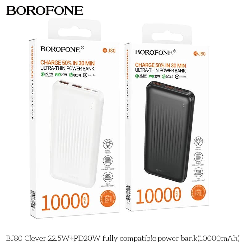 POWER BANK Borofone "BJ80A", 20000mAh, 22.5W, 2 x USB; 1 x USB Type-C, 1x microUSB total 5V/2A, alb "6941991121623"