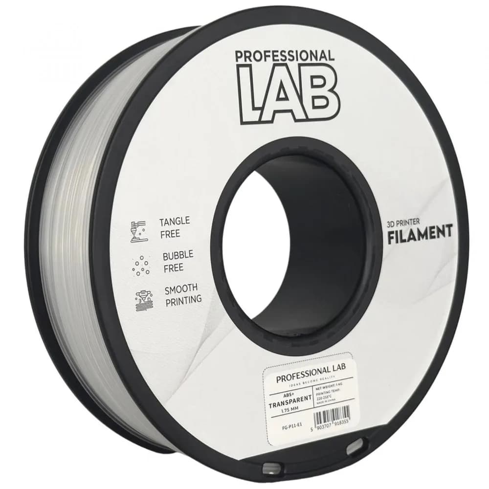 PROFESSIONAL LAB 3D FILAMENT 1KG ABS+ TRANSPARENT, Diametru:1.75mm, GreutateL 1KG, Temperatura duza: 220C – 250C, Temperatura platforma: 95C – 110C