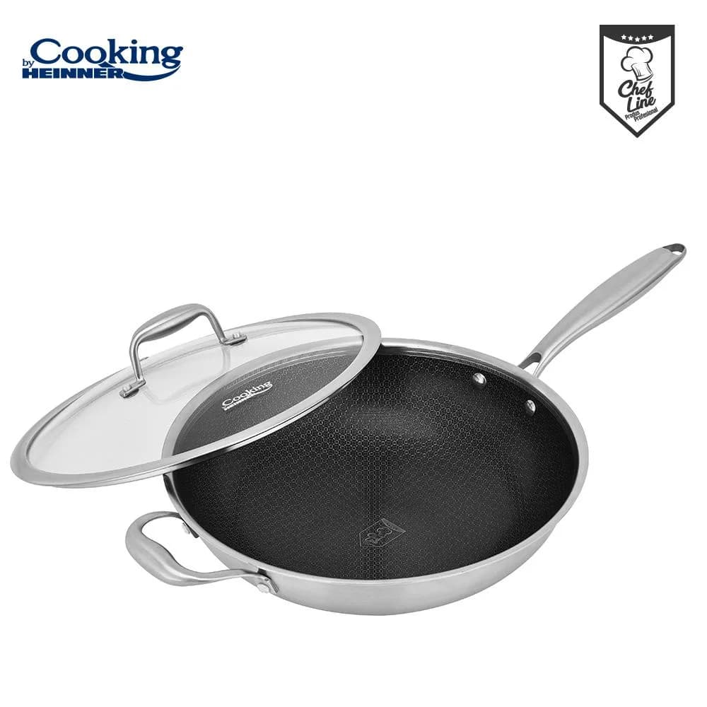 TIGAIE WOK INOX + CAPAC STICLA 30x8.5 CM, 4.5L, TITANIUM3, COOKING BY HEINNER — miniatură