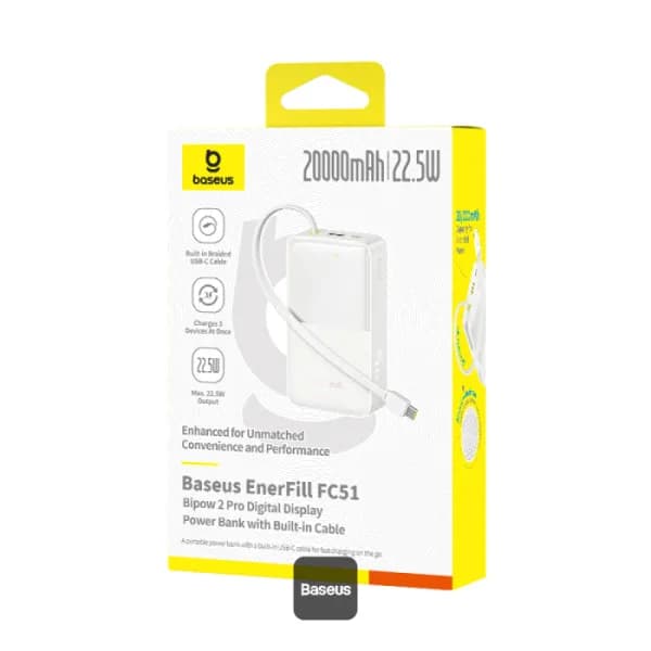 POWER BANK Baseus EnerFill FC51 Bipow2 Pro, 20000mAh, PD 22.5W, 1 x USB; 1 x cablu integrat USB Type-C, 1 x Type-C, digital display pt. status baterie,total 2.4A, alb "E0027700" - 6932172691882 — miniatură