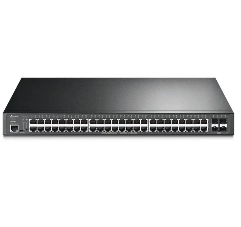 "JetStream™ 52-Port Gigabit L2+ Managed Switch with 48-Port PoE+ PORT: 48× Gigabit PoE+ Ports, 4× Gigabit SFP Slots, RJ45/Micro-USB Console Port SPEC: 802.3at/af, 384 W PoE Power, 1U 19-inch Rack-mountable Steel Case FEATURE: Integration with JetStream™ SDN Controller,Static Routing, 802.1Q VLAN