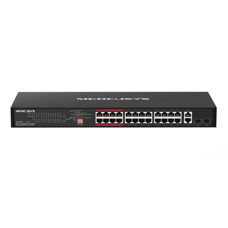 24-Port 10/100Mbps + 2-Port Gigabit Rackmount Switch with 24-Port PoE+ PORT: 24× 10/100Mbps PoE+ Ports, 2× Gigabit Non-PoE Ports, 2× Combo Gigabit SFP Slots SPEC: Compatible with 802.3af/at PDs, 293 W PoE Power, 1U 19-Inch Rackmountable Steel Case FEATURE: Extend Mode for 250m PoE Transmitting