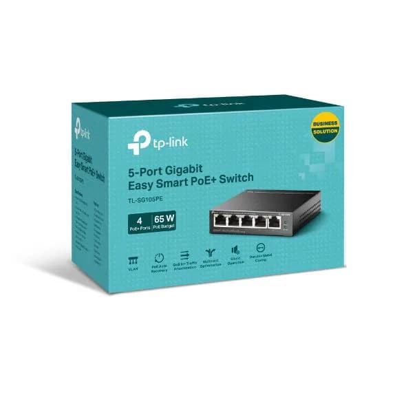 "5-Port Gigabit Easy Smart Switch with 4-Port PoE+ PORT: 4× Gigabit PoE+ Ports, 1× Gigabit Non-PoE Ports SPEC: 802.3at/af, 65 W PoE Power, Desktop Steel Case FEATURE: PoE Auto Recovery, MTU/Port/Tag-based VLAN, QoS, IGMP Snooping, Web/Utility Management, Plug and Play" — miniatură