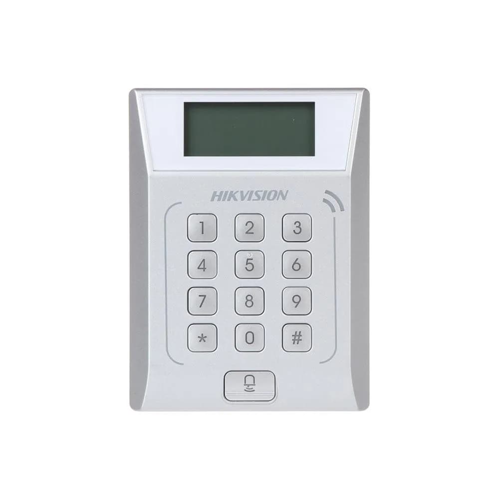 Cititor standalone cu tastatura si card proximitate Hkvision DS-K1T802E, suporta cartele EM 125Khz, capacitate 3000 carduri si 10000 evenimente, autentificare: card, card si parola,display 128x64, Exit Button × 1, Door Sensor × 1, Doorbell × 1, E-lock Output × 1