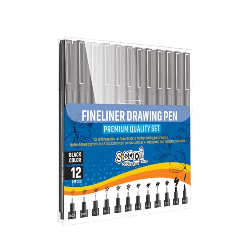 Fineliner, diferite dimensiuni 0.03-2 mm + varf tip pensula, 12 buc/set - S-COOL — miniatură