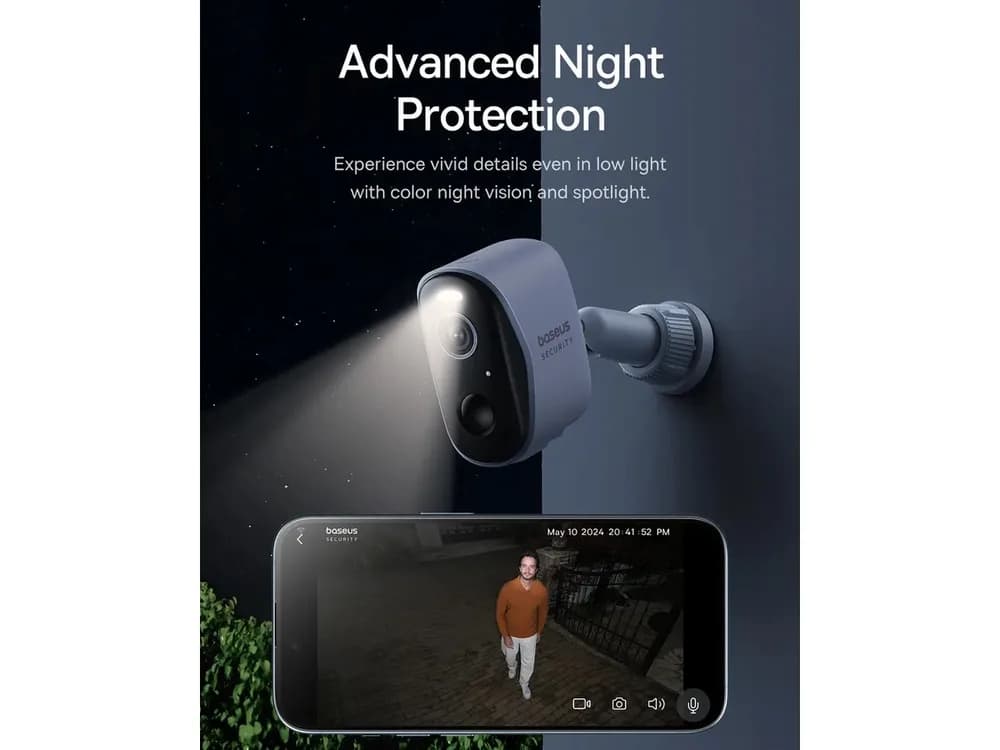 CAMERA IP Exterior Baseus N1 +, 2K, 2304 x 1296, acumulator integrat, unghi pana la 120 grade, IP67, dist. IR 30 m, tip lentila fixa 3 mm, 3 Mpx, wireless + RJ-45, slot SD card, "S0TZ002130" — miniatură