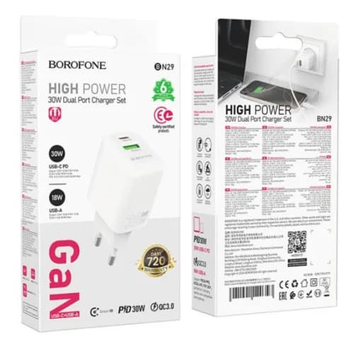 INCARCATOR retea Borofone "BN29", Quick Charge 30W, 1 x USB, 1 x USB Type-C, alb "6941991120329" — miniatură